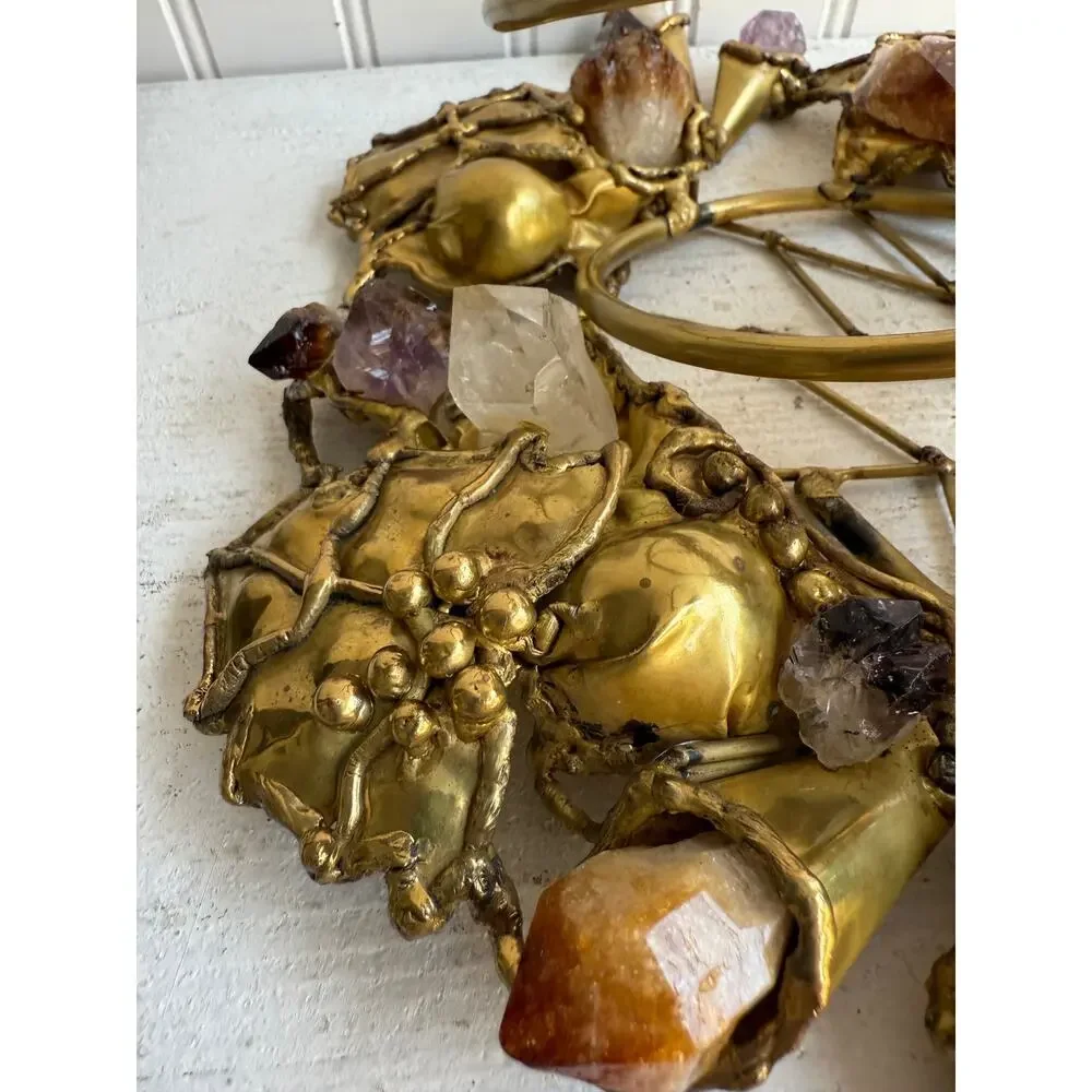 Vintage Handcrafted Brass Wine Bottle Holder | Amethyst & Quartz Gemstone